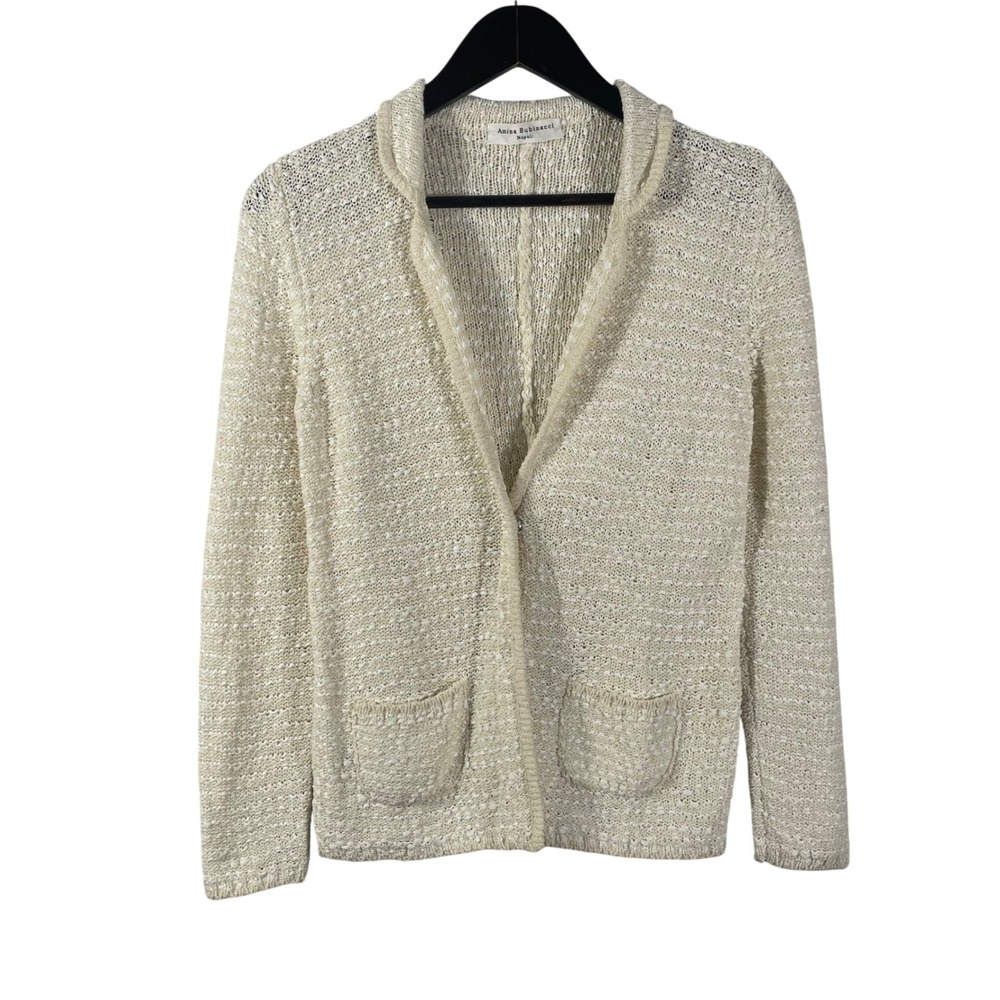 Amina Rubinacci Napoli Cream Textured Knit Cardigan Jacket Sweater 44 Made Italy